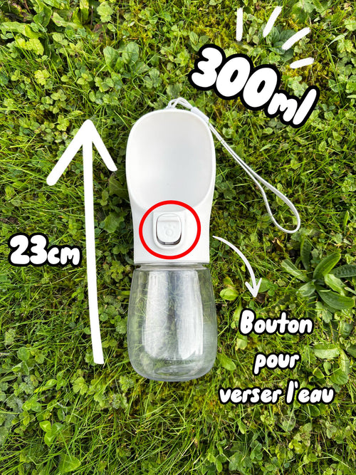 Gourde de balade pour chien 300 ml, 23 cm de haut, bouton-poussoir pour verser l'eau