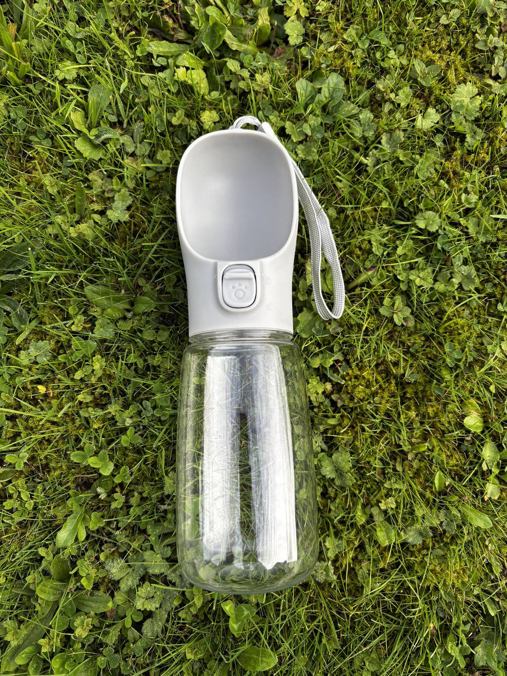 Gourde de balade pour chien 550 ml avec bol intégré, posée dans l'herbe