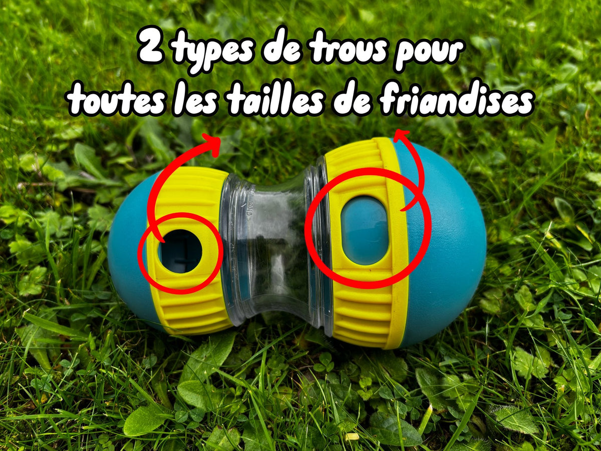 Jouet distributeur de friandises pour chien : deux tailles de trous adaptées à toutes les friandises