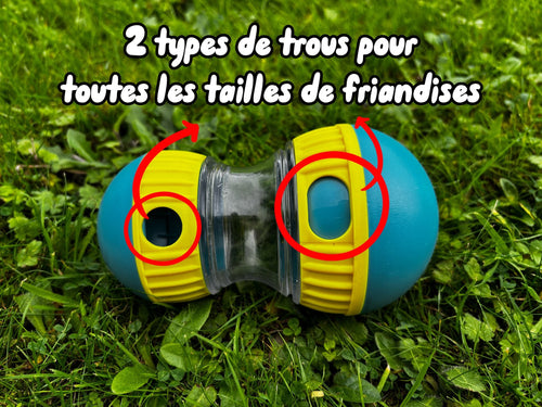 Jouet distributeur de friandises pour chien : deux tailles de trous adaptées à toutes les friandises