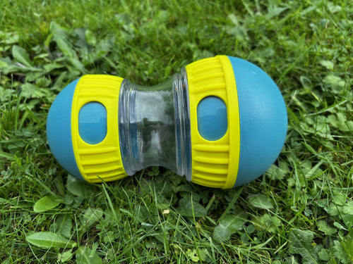 Jouet distributeur de friandises pour chien, vue d'ensemble du tumbler bleu et jaune dans l'herbe