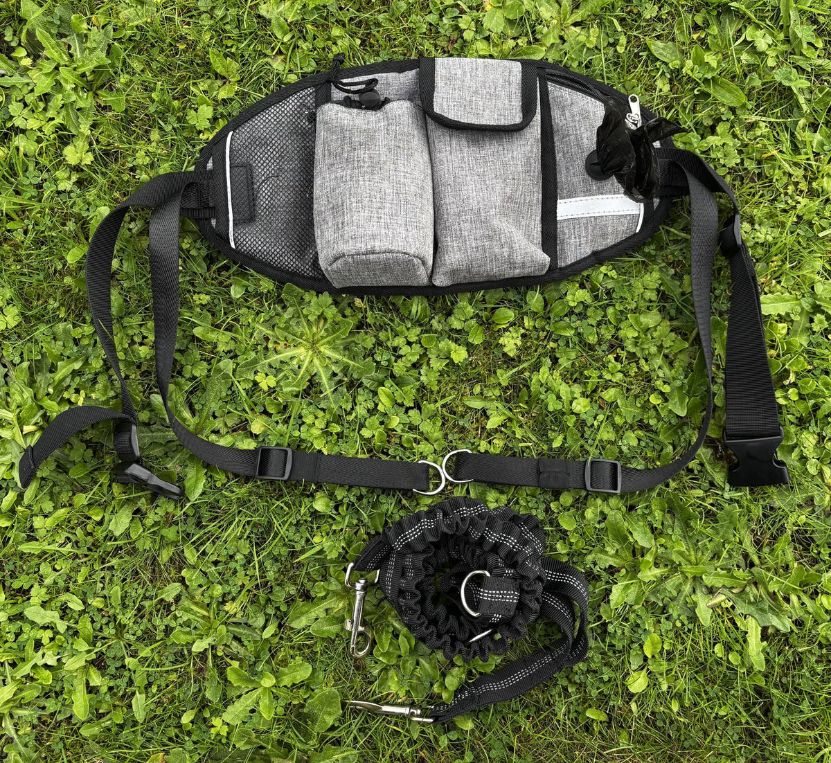 Kit balade mains libres complet : ceinture ventrale, sacoche et laisse enroulée