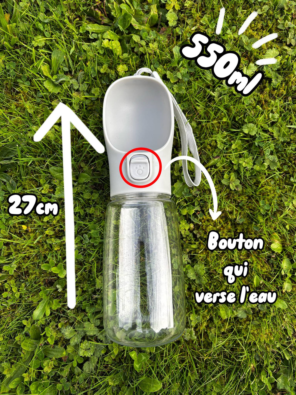 Gourde pour chien 550 ml, 27 cm de haut, bouton qui verse l'eau dans le bol intégré