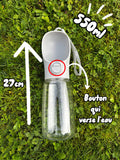 Gourde pour chien 550 ml, 27 cm de haut, bouton qui verse l'eau dans le bol intégré