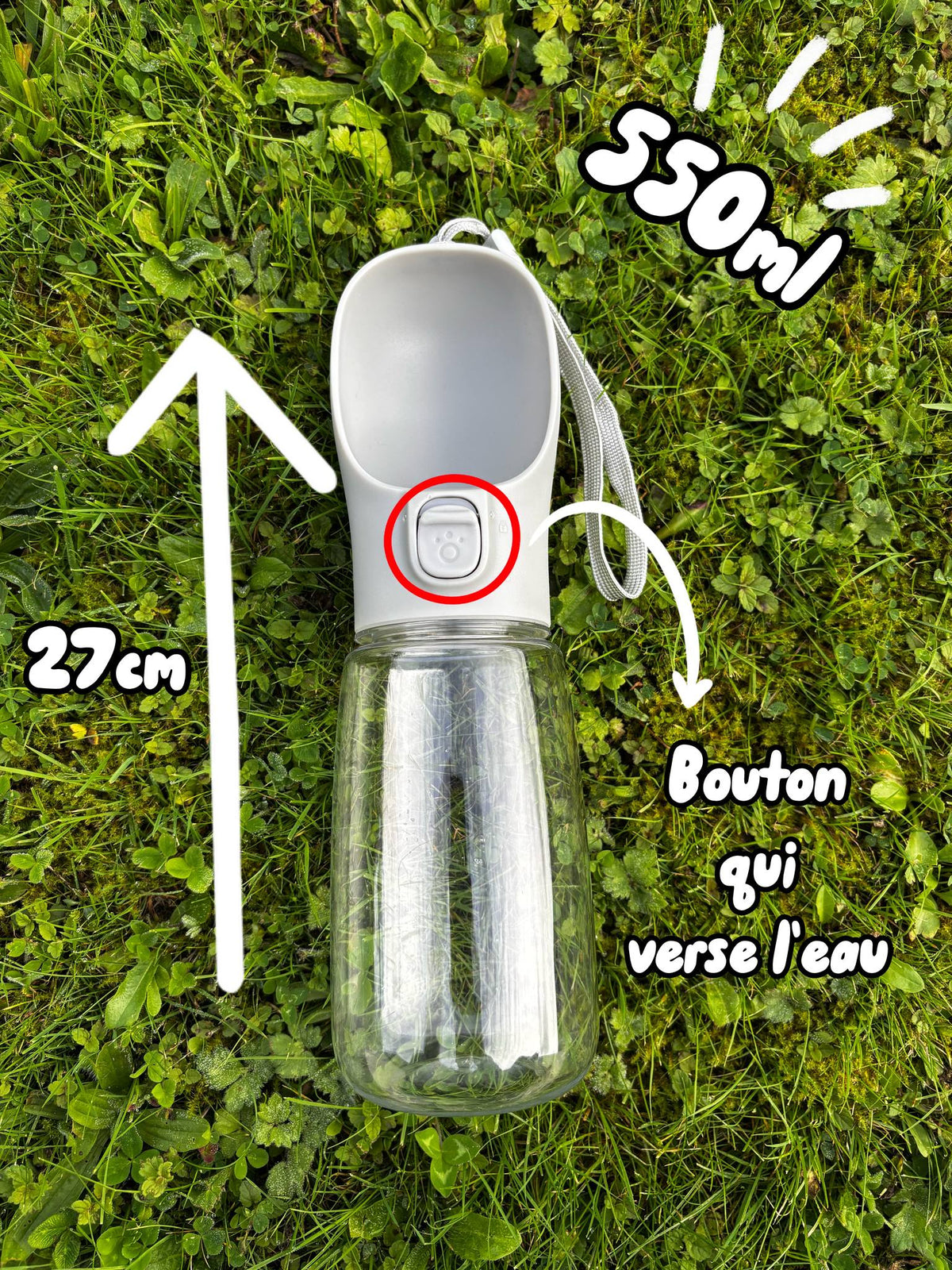 Gourde pour chien 550 ml, 27 cm de haut, bouton qui verse l'eau dans le bol intégré